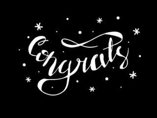 Christmas congrats lettering. Handwritten white text on black background. Winter vector sign with snowflakes. Vector illustration with lettering.