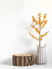 Round natural wooden podium mockup for eco, food or beauty product on white background.