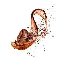 Crushed coffee bean in splashes close-up, isolated on white background