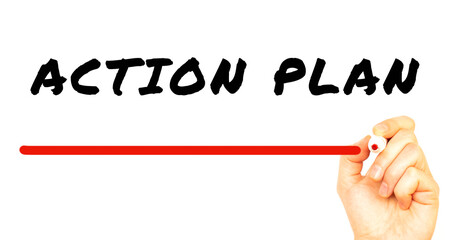 Hand writing ACTION PLAN with red marker. Isolated on white background.