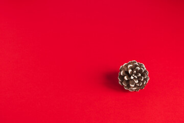 Minimalistic festive christmas red background with single pine cone with white edges.