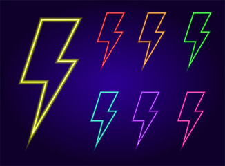 a set of neon lightning bolts. A collection of insulated zippers glowing in the dark with bright colors, yellow, red, blue and green on a dark background for a design template isolated multicolored co