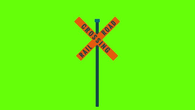 An animation of a street sign railroad crossing on a green screen background