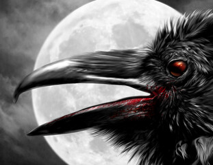 Raven with red eye under a black sky lit by a full moon. Gothic setting.