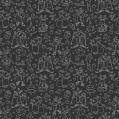 Seamless pattern for the new year and Christmas, funny light contour cartoon moose for winter entertainment, outline animals on a dark background