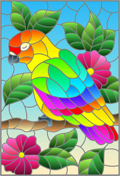 Stained glass illustration with an abstract parrot on a branch of a flowering tree on a blue background, rectangular image