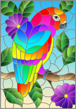 Stained glass illustration with an abstract parrot on a branch of a flowering tree on a blue background, rectangular image