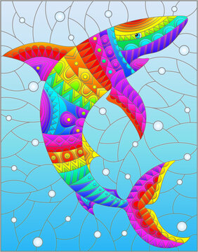 An illustration in the style of a stained glass window with an abstract rainbow shark on a background of water and air bubbles