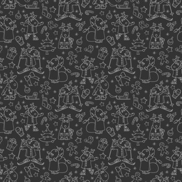 Seamless pattern for the new year and Christmas, funny light contour cartoon moose for winter entertainment, outline animals on a dark background