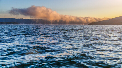 Dniester Grand Canyon.Outdoor fishing in the river during sunrise. Hunting and sports hobby.Zander fishing.