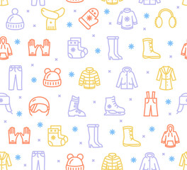 Fototapeta premium Winter Clothes Sign Color Thin Line Sign Seamless Pattern Background. Vector
