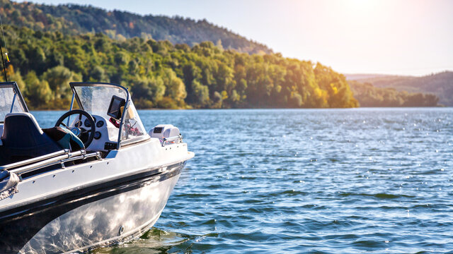Dniester Grand Canyon.Outdoor fishing in the river during sunrise. Hunting and sports hobby.Zander fishing.boat fishing.