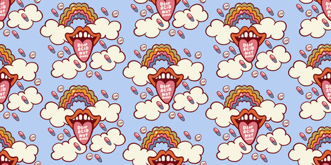 drop acid not bombs, tongue sticking out mouth, seamless pattern, psy art