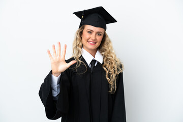 Young university graduate woman isolated on white background counting five with fingers