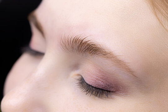 close-up of the eyebrows of a model girl with prepared for the lamination procedure