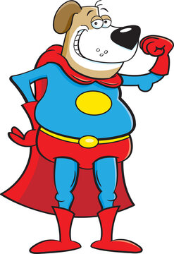 Cartoon illustration of a smiling dog wearing a super hero costume and making a muscle.