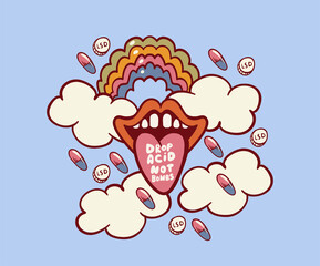 drop acid not bombs, tongue sticking out mouth, psychedelic illustration, psy art