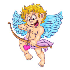 Cute cartoon cupid.
Cute colorful illustration of cartoon Cupid shooting a bow with hearts. Unique design, Valentine's Day, clip-art. Use the product for printing on clothing.