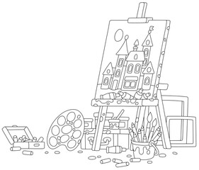 Art studio of a painter in artistic mess with an easel, a picture of a small town on a canvas, materials, brushes, pencils and frames, black and white vector cartoon illustration for a coloring book