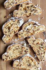 Aerial view of sliced marzipan stollen cake