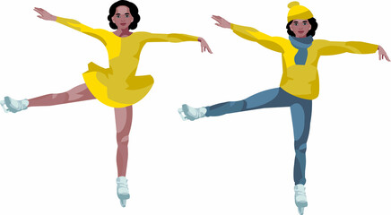 Two vector figures of a dark-skinned figure skater in winter clothes and a dress for competitions