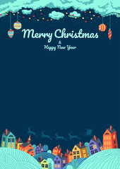 Obraz premium Christmas eve landscape. Vertical copy space background with garland, tree toys among soft clouds. Santa in sleigh above colorful houses. Xmas greeting card, poster, program, letter template