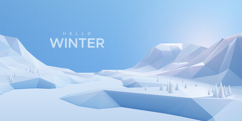 Hello Winter sign with snow mountains landscape and light blue sky. Outdoor nature background.