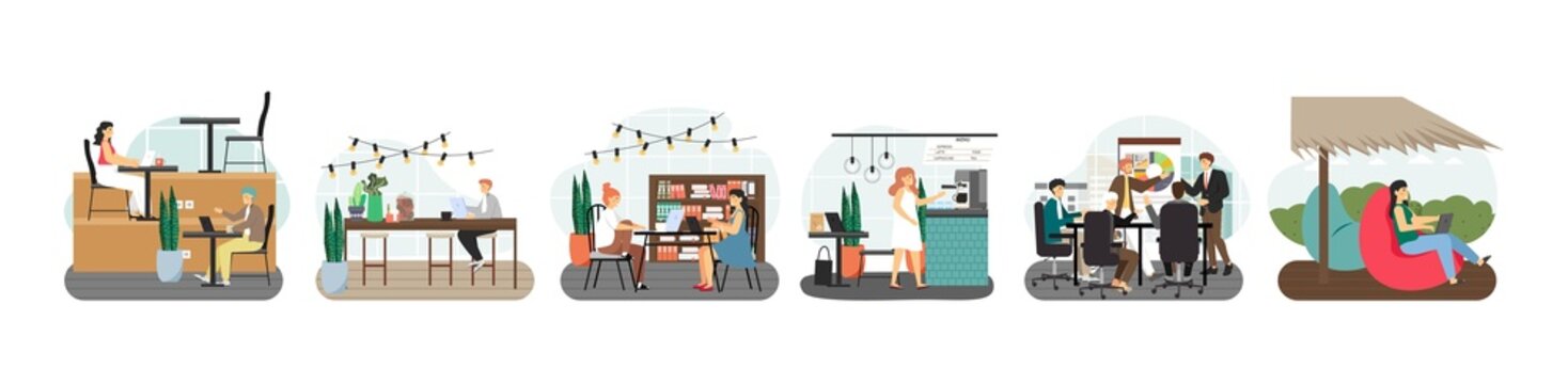 Coworking space scene set. Freelancers, remote teams sharing open common office space. Modern shared workspace, vector.