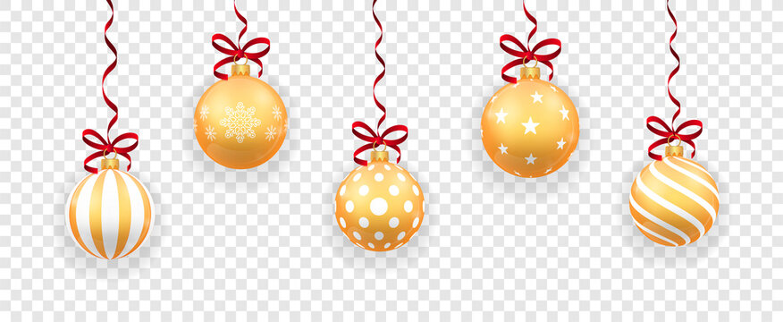 Golden Christmas tree toy set isolated on transparent background. Little Christmas decorations. Vector object for christmas design, mockup. Stocking Christmas decorations. Vector illustration.