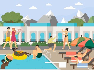 People relaxing by hotel house, resort swimming pool, flat vector illustration. Pool party. Summer vacation.