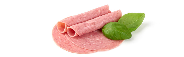 Twisted salami slices, isolated on white background.