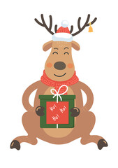 Christmas deer with Christmas gift in Santa hat. 