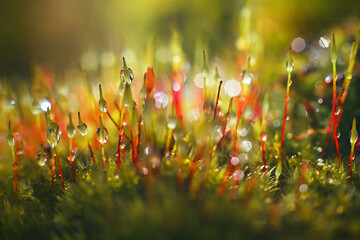 Macro shot of  Bryum moss (Pohlia nutans)  in forest. Rain drops on moss