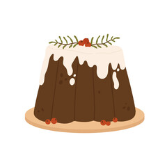 Christmas pudding decorated with holly berries. Winter sweet celebration cake homemade. Vector illustration in cartoon style. Isolated on white background.