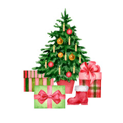Christmas tree with gifts. Festive traditions. The image is hand-drawn and isolated on a white background. Watercolor.