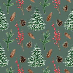Pattern on a green background. Fir trees, branches, cones. The image is hand-drawn. Watercolour.