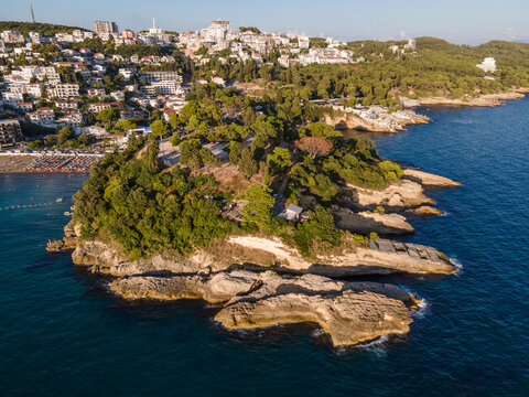 Aerial view of a small rocky promontory with vegetation near Ulcinj town in Montenegro.