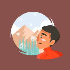 A man staring at the mountain with snowing at the background 