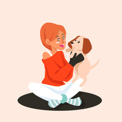 A lady sitting and celebrating christmas with furry friend a dog 