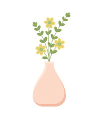 Botancal illustration with leaves and plant. Beautiful flower vase with colorful flower vector flat icon. Colorful flower in vase isolated flat icon on white background. Vector illustration eps 10