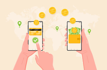 Transfer of mobile payment across the planet. People who send and receive money wirelessly using their mobile phones. Hand holding smartphones with payment applications for online banking.