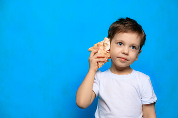 A boy listens to a shell on a blue background . Dreams of the sea. Article about vacation. Childhood. Baby and shell. Blue background.