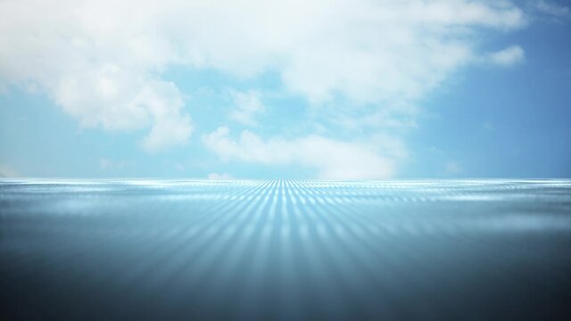 Abstract digital infinity road travelling into the bright blue sky with moving clouds augmented reality animation background.