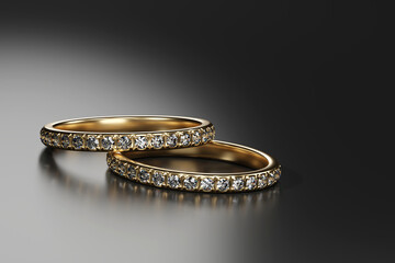 Gold Diamond rings Placed on glossy background macro object 3d rendering