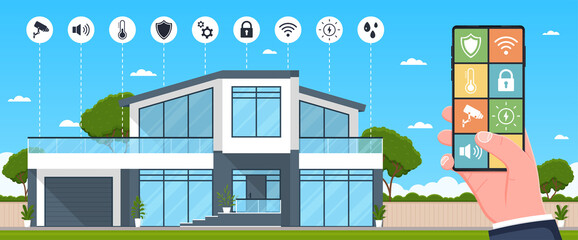 Modern house automation concept. Smart house system control and mobile app on a phone, contemporary house with icons set on the background. Vector flat style illustration.