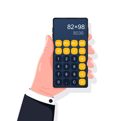Smartphone with calculator app. Flat design of hand holding phone with calculator app on screen. Vector flat style illustration.