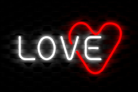 Neon glowing inscription love on black background. Valentine's day celebration concept. 3d render