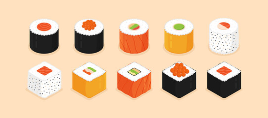 Sushi roll set. Isometric sushi icons on apricot background. Traditional japanese food. Flat style vector illustration.