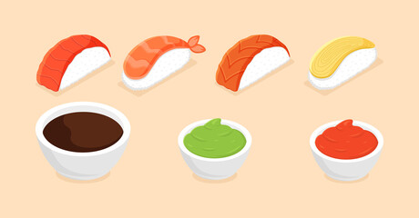 Sushi set. Isometric sushi icons on white background. Rolls with caviar of red fish, with salmon. Sushi nigiri with shrimp.Traditional japanese food. Flat style vector illustration.