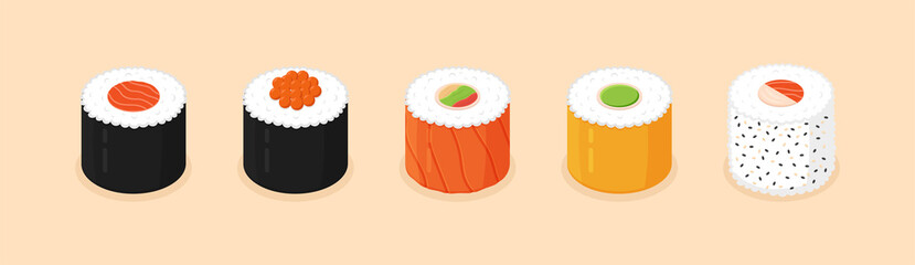 Sushi set. Isometric sushi icons on white background. Rolls with caviar of red fish, with salmon. Sushi nigiri with shrimp.Traditional japanese food. Flat style vector illustration.